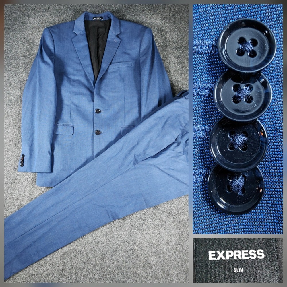 Express Slim Fit 2 Piece Suit Mens 40R Blue Blazer and Trousers 34x30 Modern